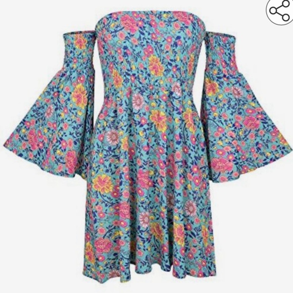 NWT Oneyim Bohemian Blue, pink orange yellow Floral, Off Shoulder XXL dress - Picture 2 of 7